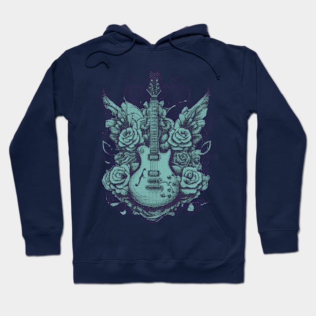 Electric guitar & roses pixel art blue Hoodie by Bassivus